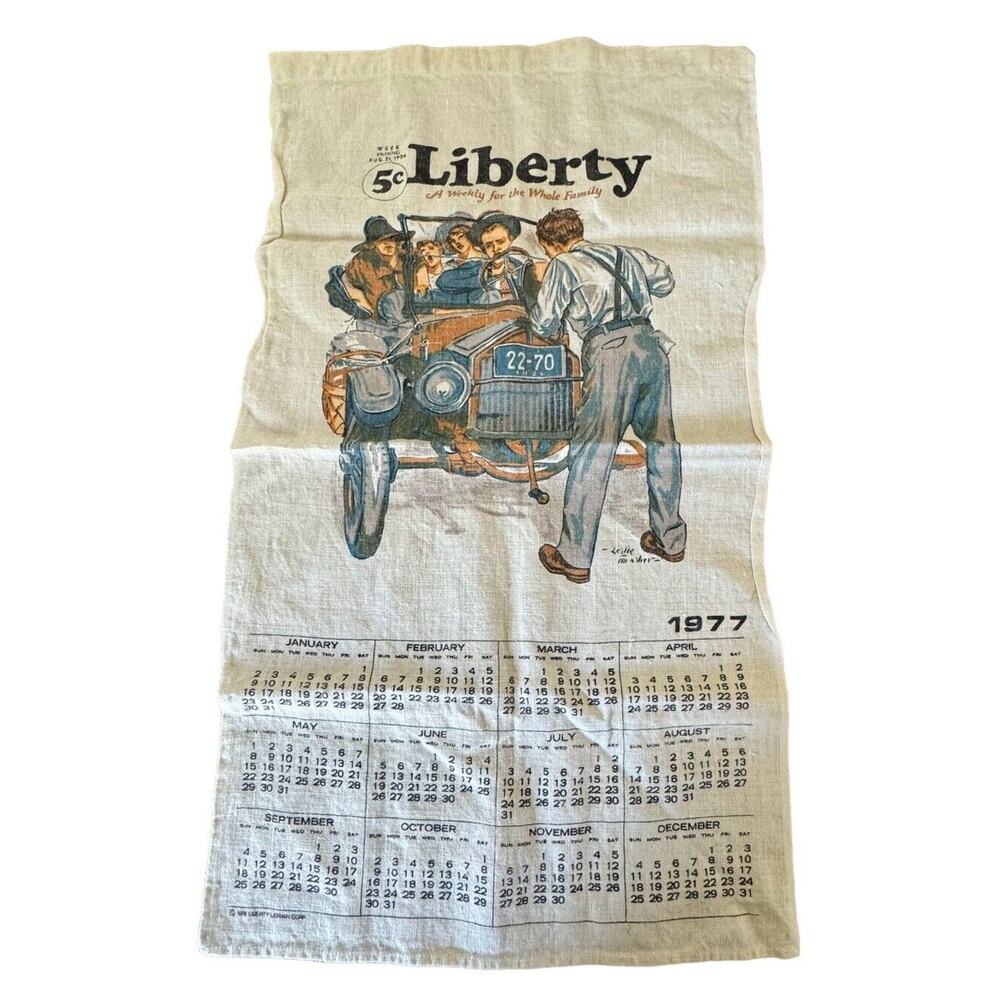 Tea Towel 1977 Calendar Linen Libertyโ Man Fixing Car Vintage READ NOTE